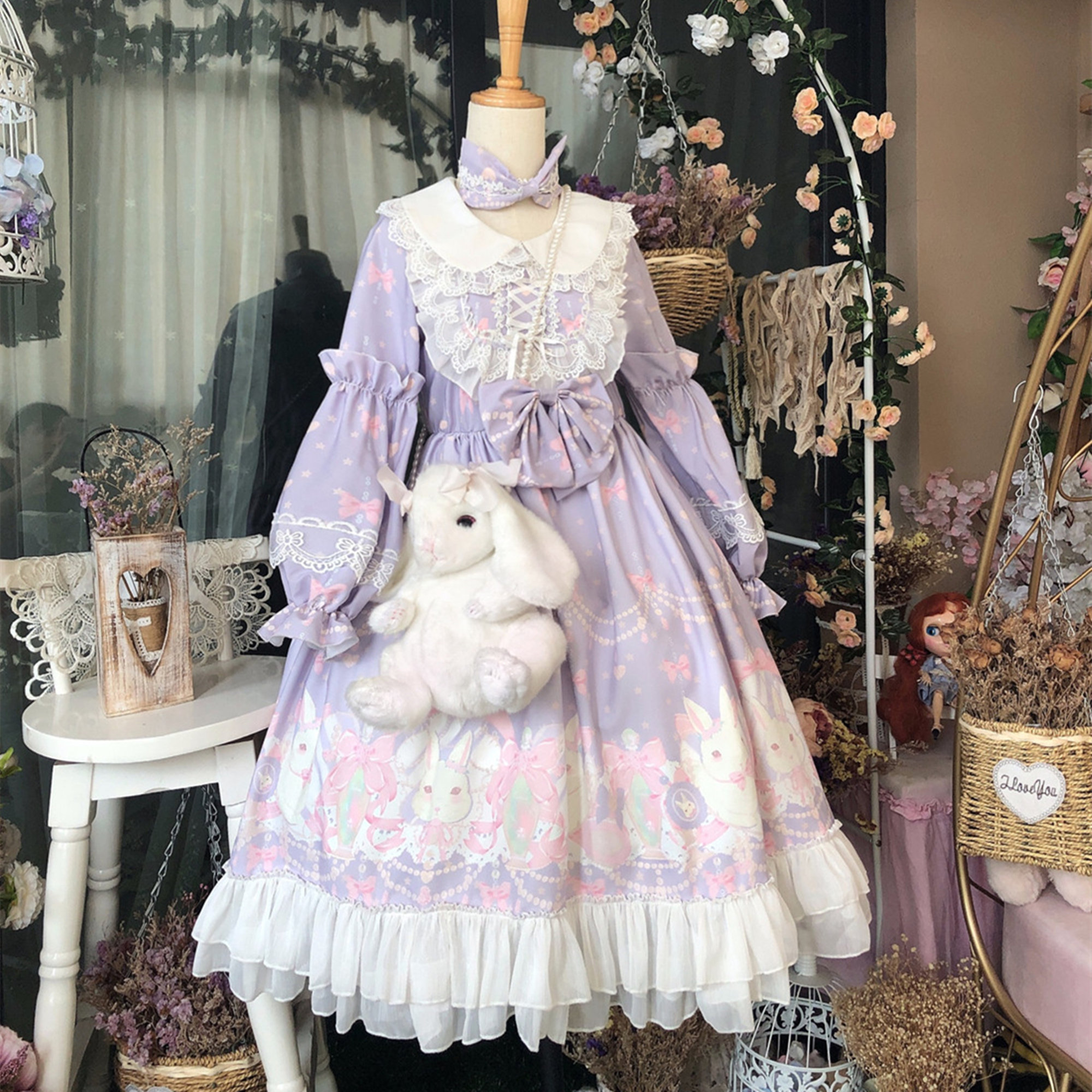 Purple Lolita Ruffle Lace Rabbit Princess Costume Dress