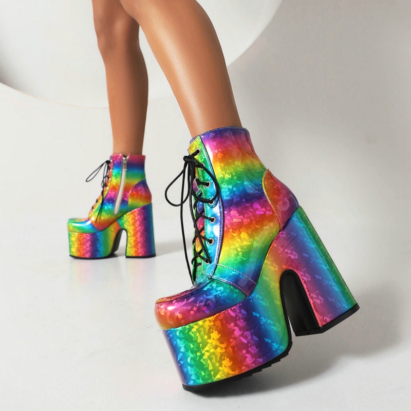 Rainbow Heels - Unisex Side Zipper Vintage Platform Ankle Boots