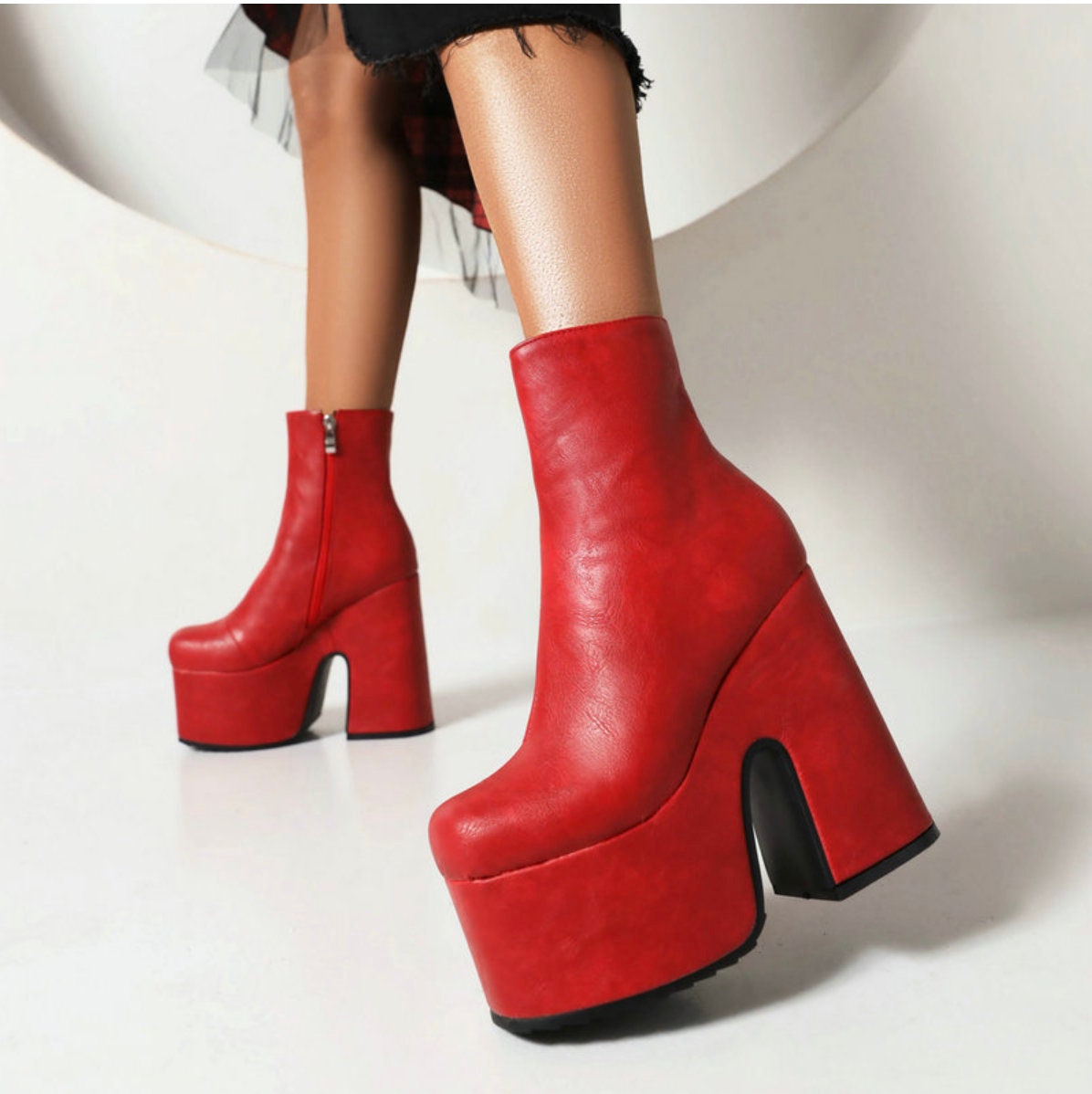 Red Faux Leather Gothic Ankle Boots with Side Zipper - Y2K Fashion
