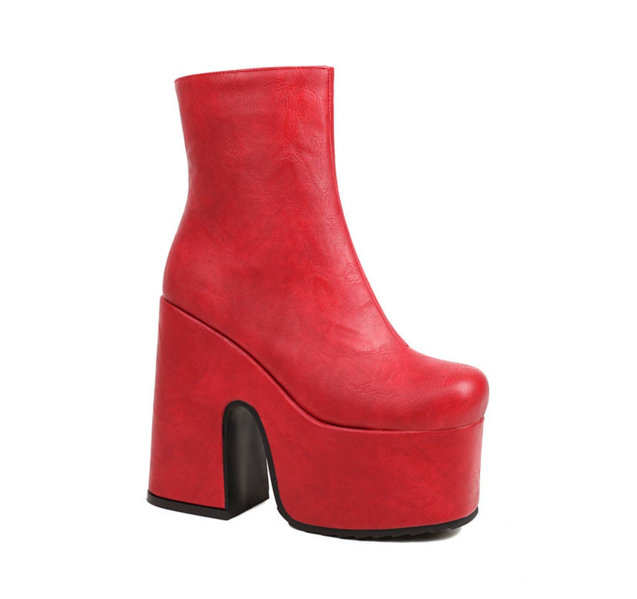 Red Faux Leather Gothic Ankle Boots with Side Zipper - Y2K Fashion