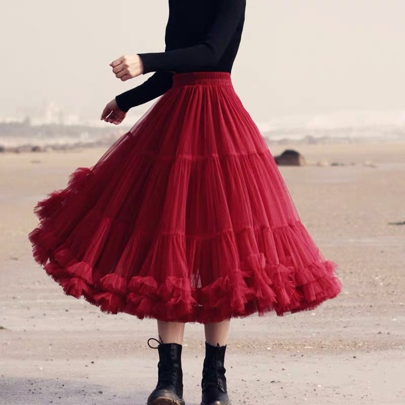 Red Mesh Tulle Maxi Prom Skirt for Women