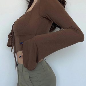 Retro Brown Flare Long Sleeve Corset Crop Top - Y2K Fashion
