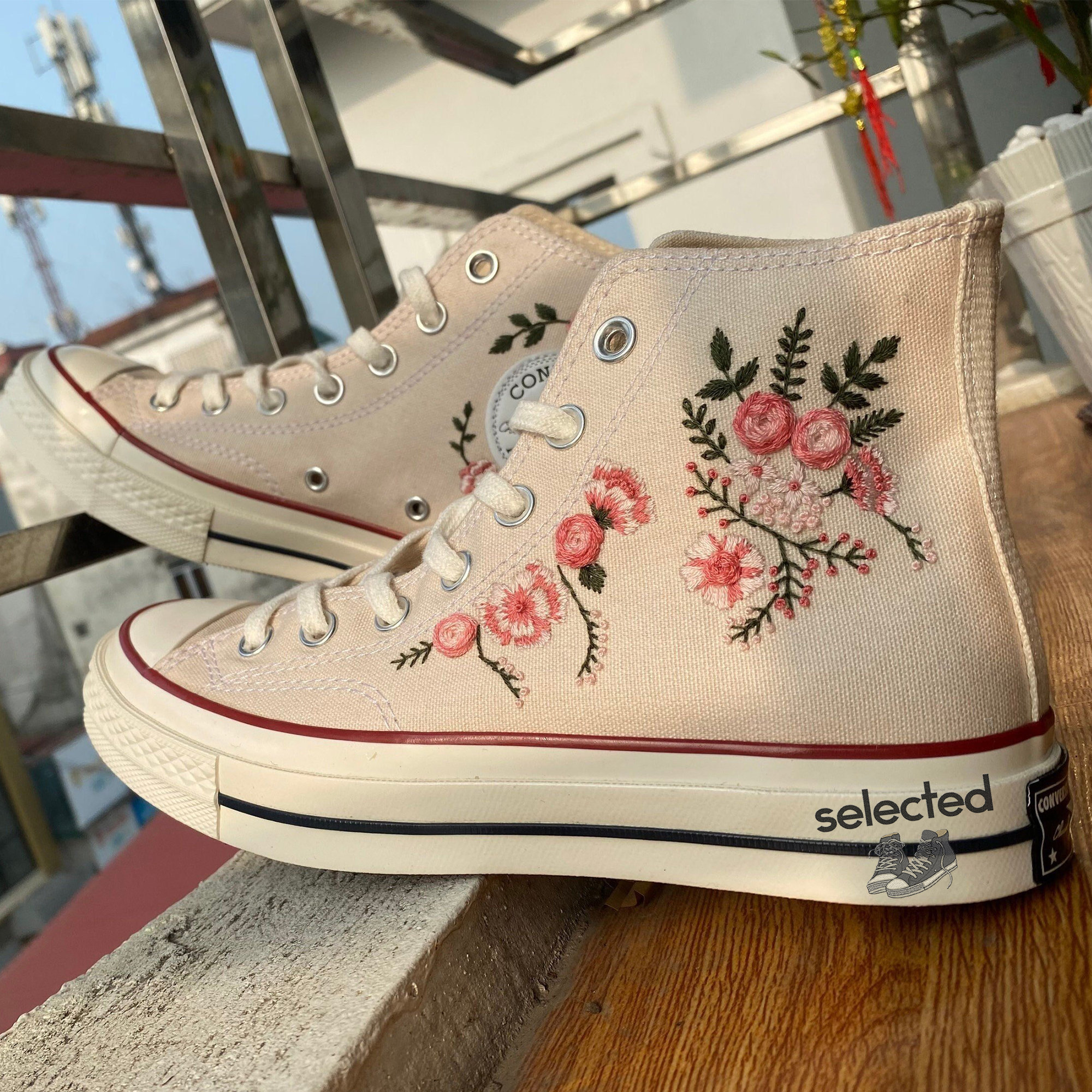 Rose Flower Embroidered Converse Shoes