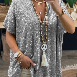 Sequins V Neck T-Shirt - Elegant Summer Casual