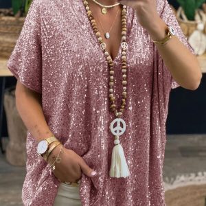 Sequins V Neck T-Shirt - Elegant Summer Casual