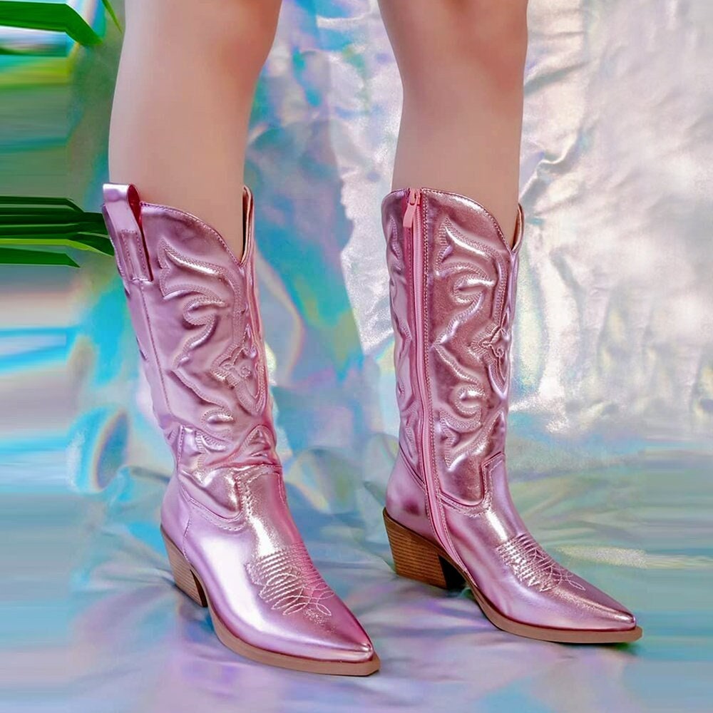 Shiny Pink Cowboy Boots - Unisex Western Southern Texas Squared Heels