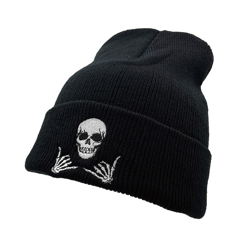 Skeleton Skull Embroidered Beanie - Men's Winter Knitted Cap