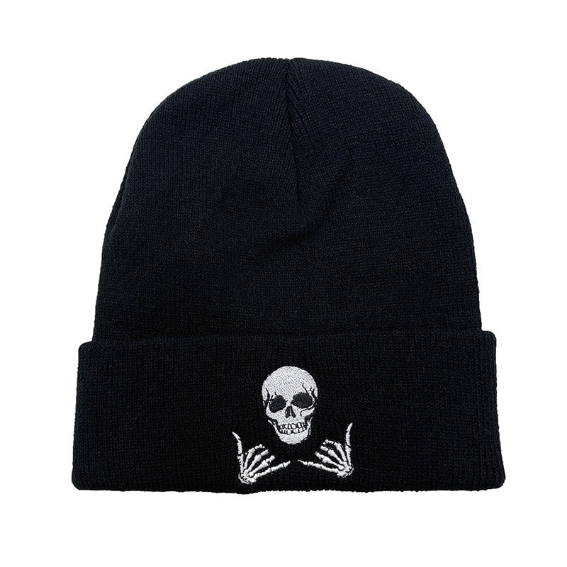 Skeleton Skull Embroidered Beanie - Men's Winter Knitted Cap