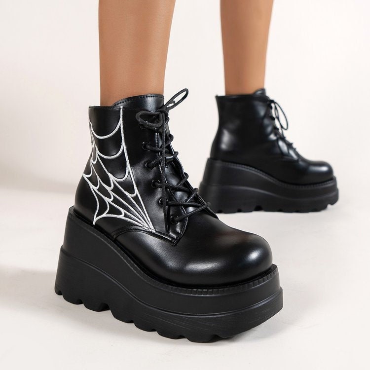 Spider Web Embroidery Lace Up Thick Soled Boots - Y2K Gothic Rave Punk Ankle