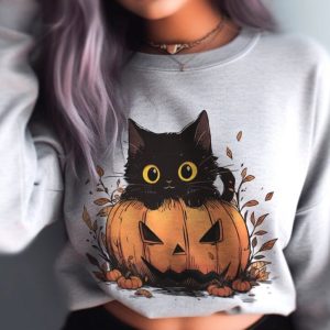 Spooky Black Cat Sweatshirt - Y2K Autumn Pumpkin Design