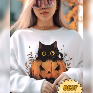 Spooky Black Cat Sweatshirt - Y2K Autumn Pumpkin Design