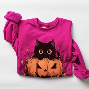 Spooky Black Cat Sweatshirt - Y2K Autumn Pumpkin Design