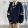 Spring Men Pullover V-neck Sweater - Baggy Vintage Japanese Style