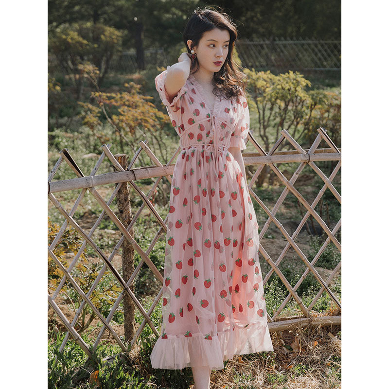 Strawberry Embroidered Maxi Dress for Women