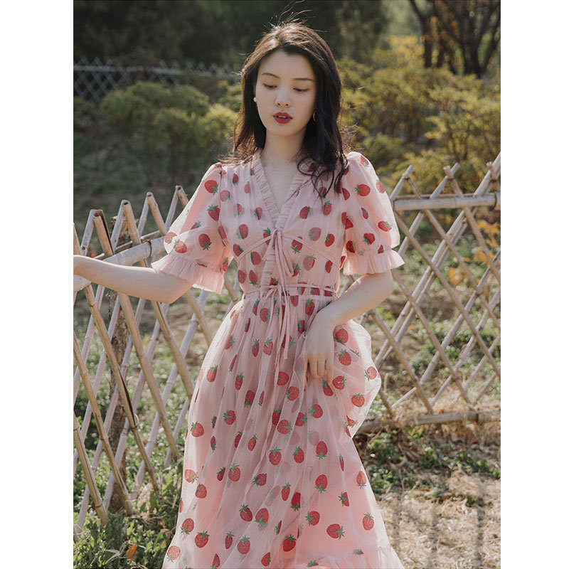 Strawberry Embroidered Maxi Dress for Women