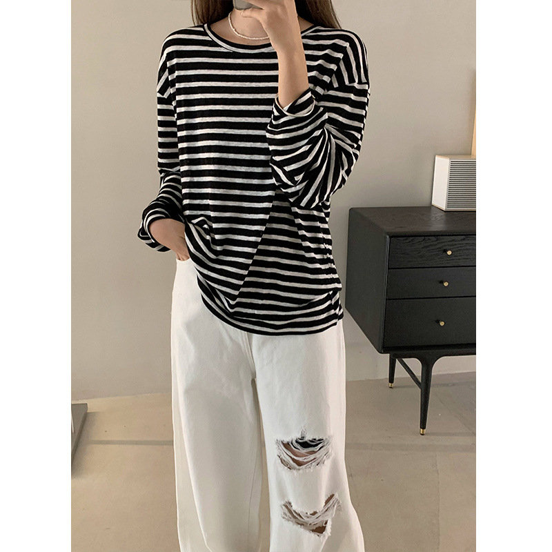 Striped Knit Long-sleeved Top for Women with Side Slit