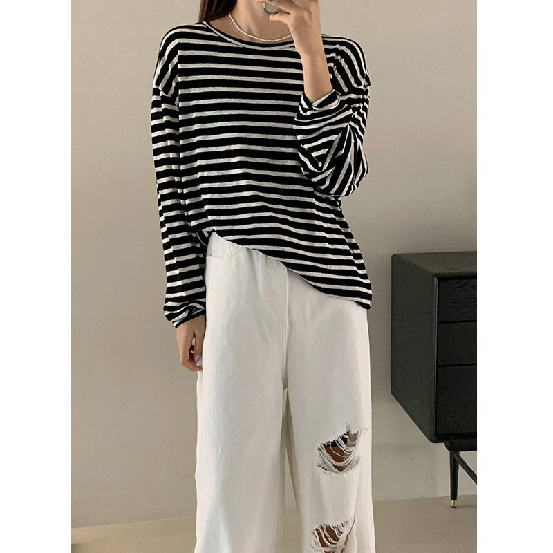 Striped Knit Long-sleeved Top for Women with Side Slit