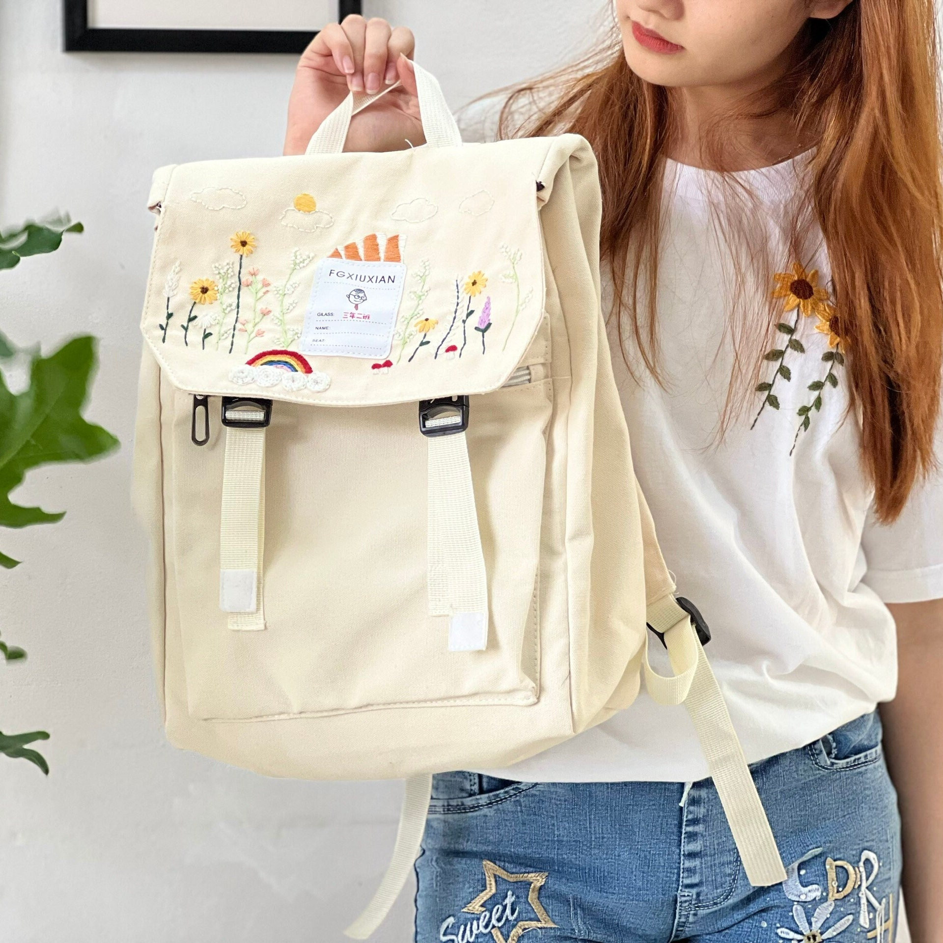 Stylish Embroidered Sunflower Mushroom Backpack for Nature Lovers