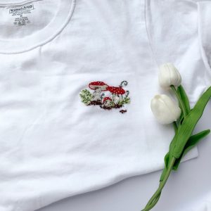 Stylish Mushroom Family Embroidered T-Shirt for Nature Lovers