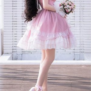 Sweet Pink Lace Lolita Dress with Bow Tie