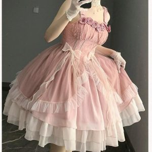 Sweet Pink Lace Lolita Dress with Bow Tie