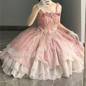 Sweet Pink Lace Lolita Dress with Bow Tie