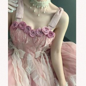 Sweet Pink Lace Lolita Dress with Bow Tie