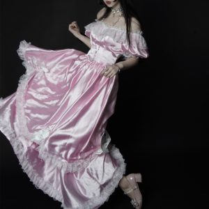 Sweet Pink Lace Off Shoulder Gothic Lolita Costume Dress