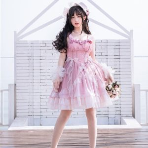 Sweet Pink Lolita Dress with Lace and Bow Tie