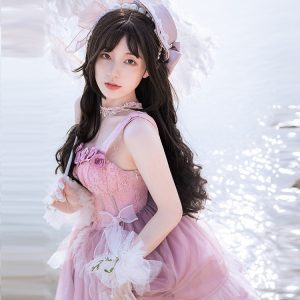 Sweet Pink Lolita Dress with Lace and Bow Tie