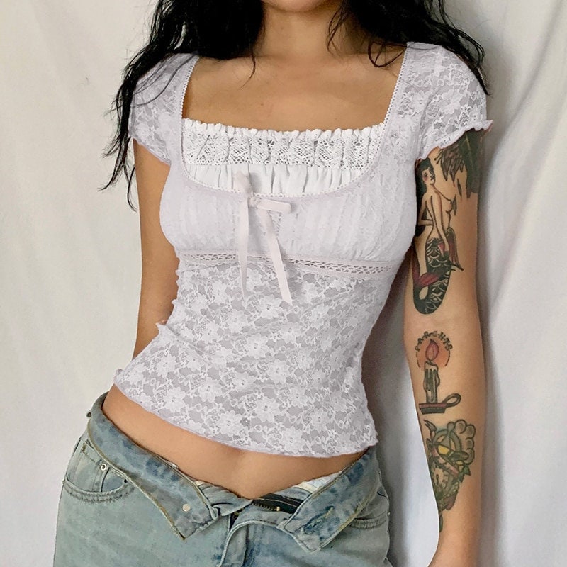 Trendy Y2K Patchwork Lace Crop Top - Stylish and Versatile
