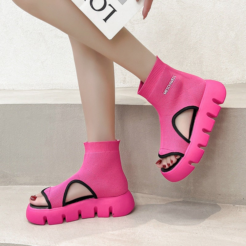 Trendy Y2K Platform Sandals in Striking Black, Pink, and Green