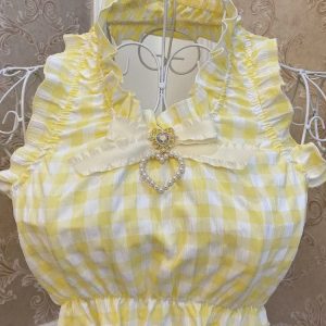 Trendy Y2K Yellow Plaid Bow Cropped Top - Fashionable and Stylish