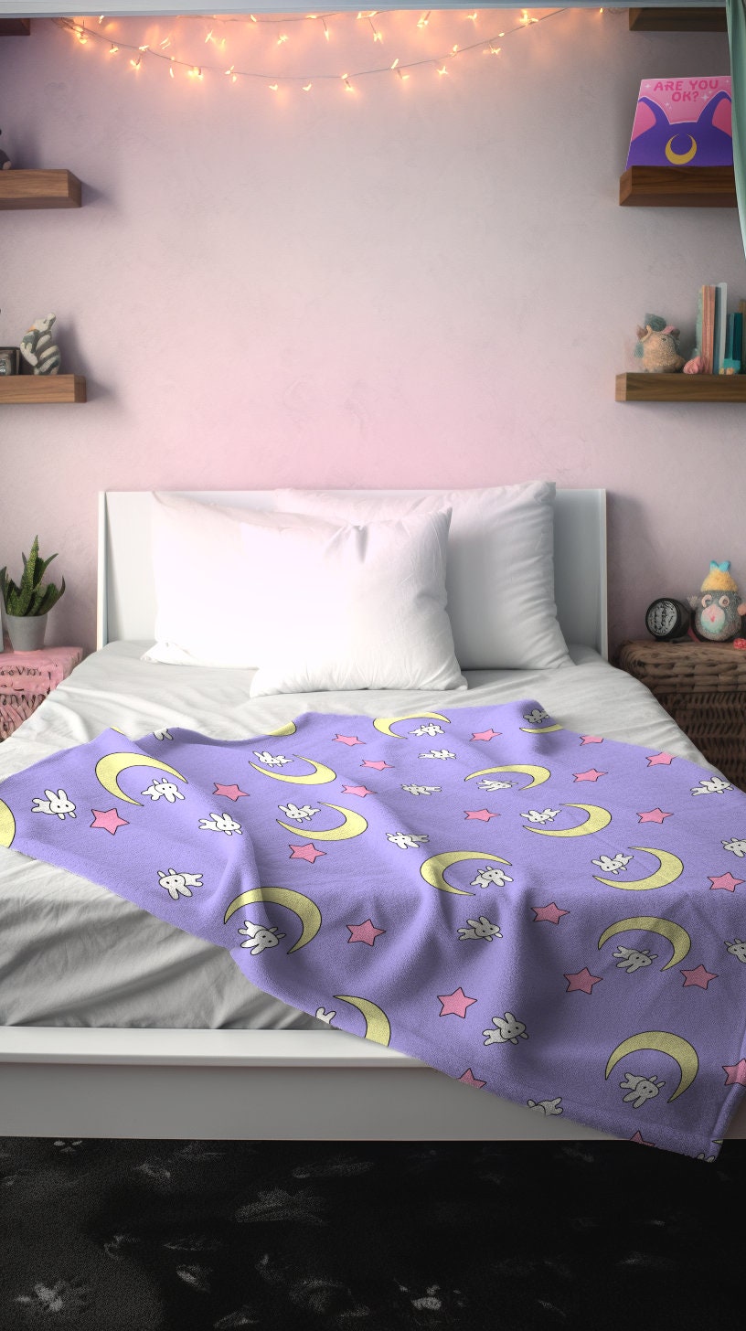 Usagi Velveteen Plush Blanket | Moon Bunny Kawaii Aesthetic Anime Bedroom