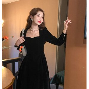 Velvet Long Sleeve Party Dress - Y2K Clothing