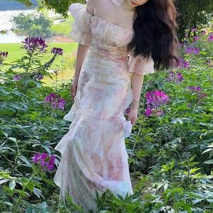 Vintage Chiffon Floral Ruffle Dress - Y2K Clothing