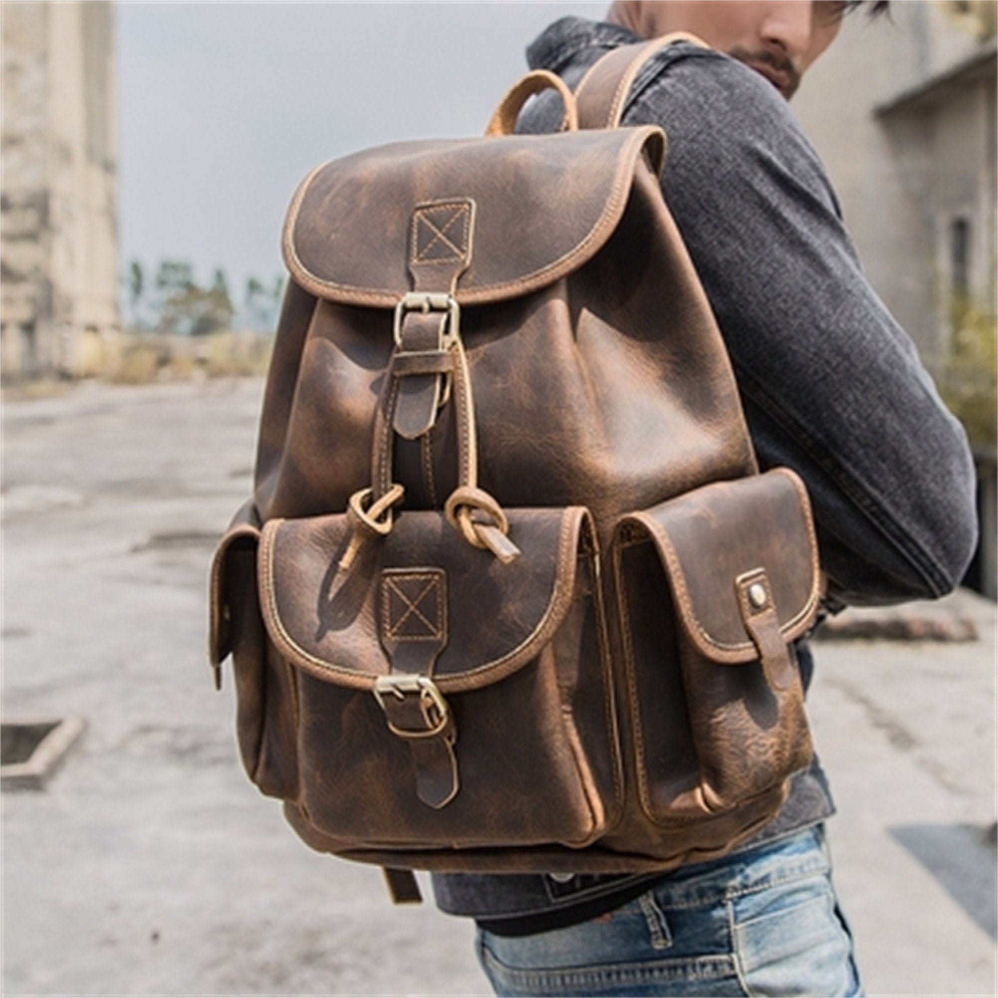 Vintage Leather Backpack for Women - Large Travel Bag, Outdoor Bag for Men - Gift for Him