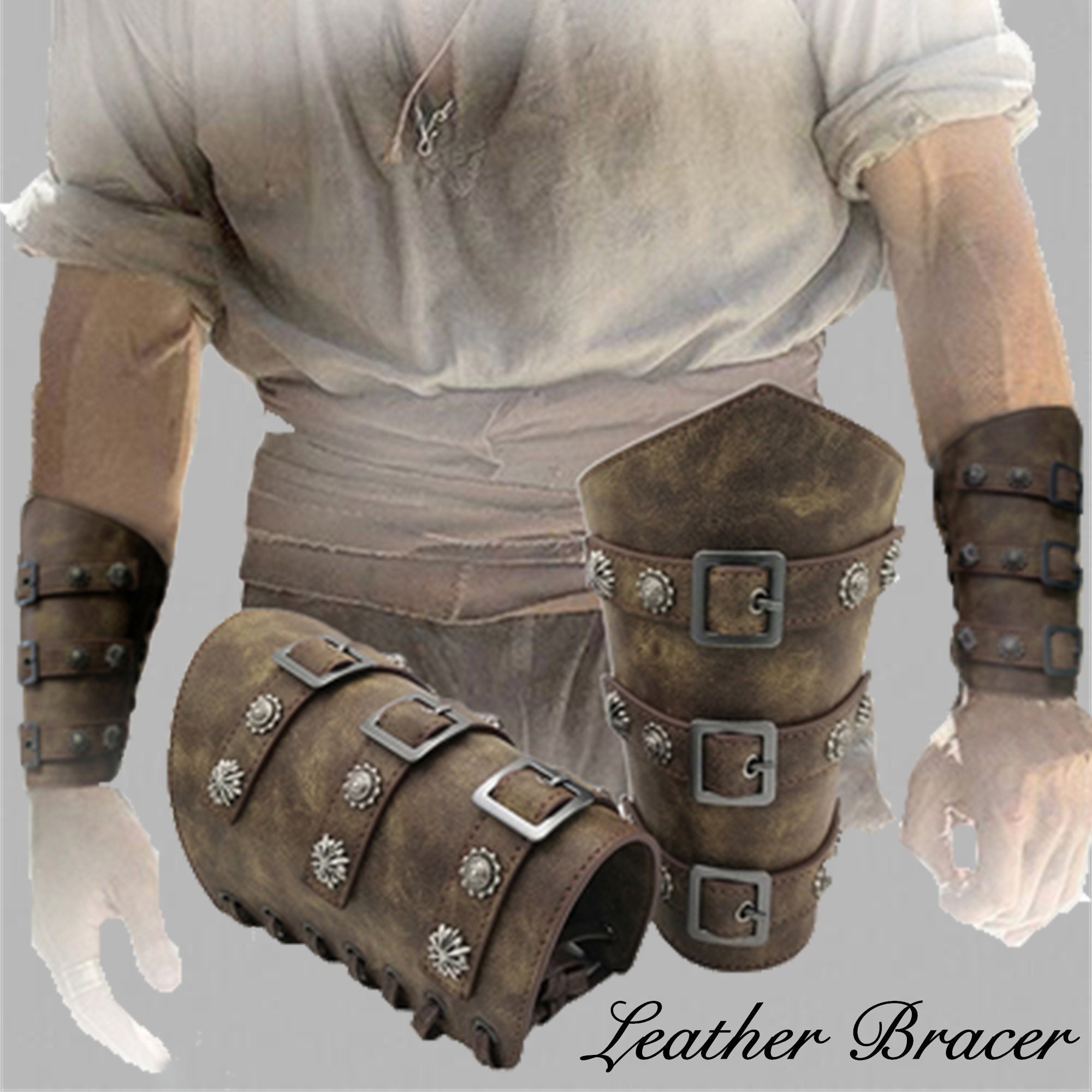 Vintage Leather Bracers - Brown Armbands for Men