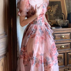 Vintage Romantic Chiffon Bubble Sleeve Floral Pink Dress