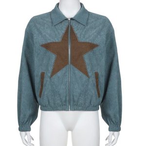 Vintage Y2K Blue Corduroy Zip Star Jacket