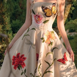 Vintage Y2K Butterfly Flower Midi Dress - Retro Floral Print