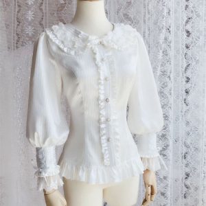 White Chiffon Shirt with Long Puff Sleeves