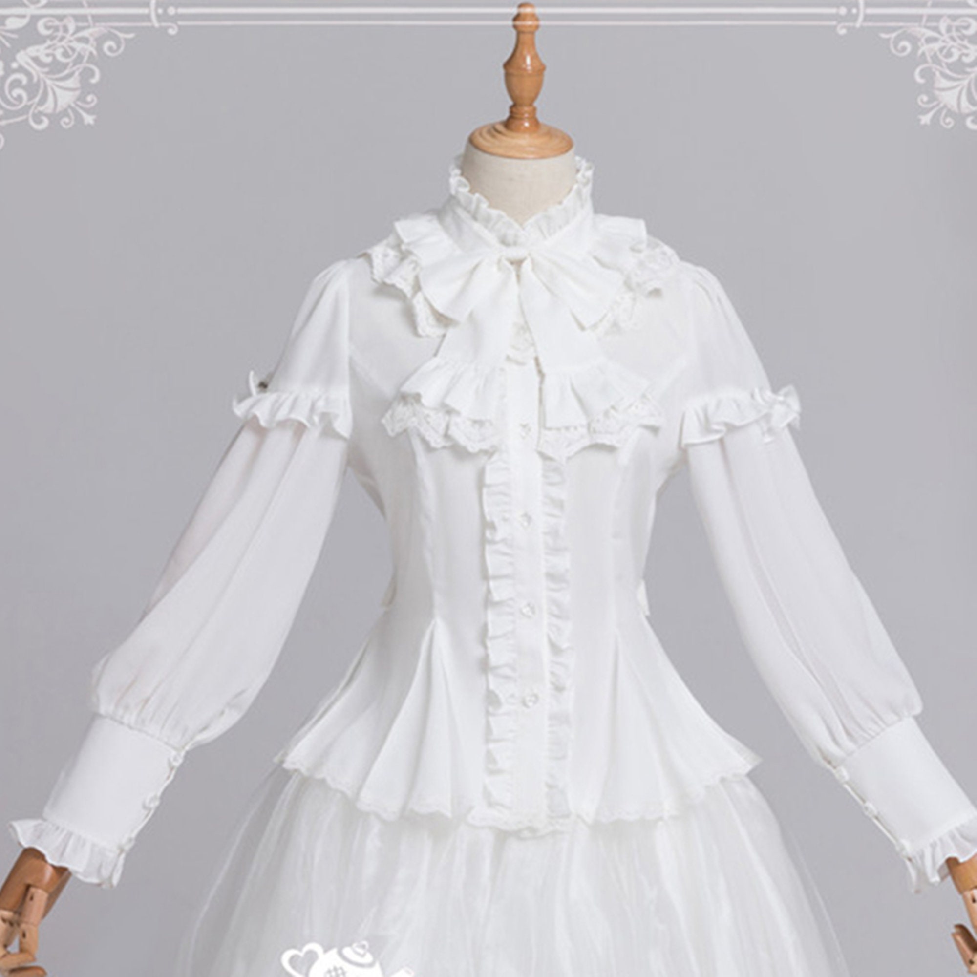 White Chiffon Stand Collar Lolita Shirt with Belt