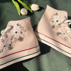 White Flower Strip Embroidered Converse High Tops