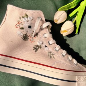 White Flower Strip Embroidered Converse High Tops