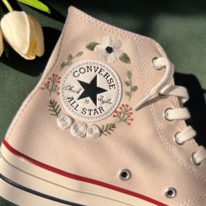 White Flower Strip Embroidered Converse High Tops