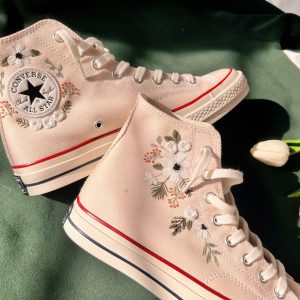 White Flower Strip Embroidered Converse High Tops