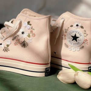 White Flower Strip Embroidered Converse High Tops