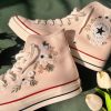 White Flower Strip Embroidered Converse High Tops