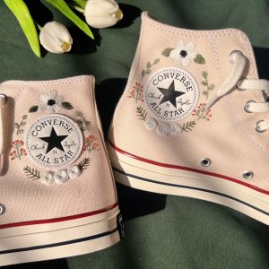 White Flower Strip Embroidered Converse High Tops